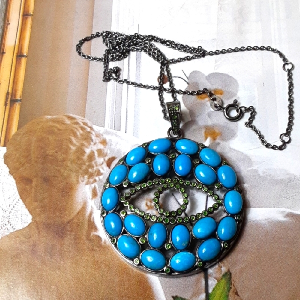 HOLD. 925, Genuine  Russian Diopside and Sleeping Beauty Turquoise. Evil Eye. - Picture 3 of 15